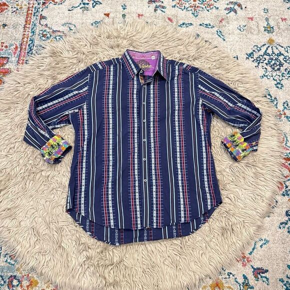 Robert Graham Navy Striped Fire Hydrant Flip Cuffs Button Shirt Men's XL - Picture 1 of 10